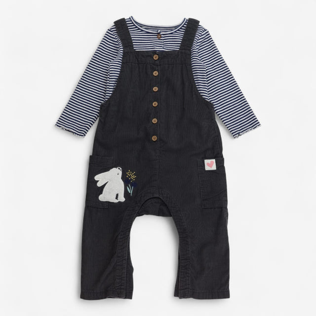 Dungaree Cord Grey Rabbit with Striped Bodysuit