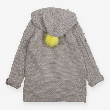 Cardigan Long Cable Knit Grey with Yellow Pom Pom