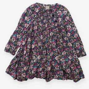 Dress floral LS smocked navy blue