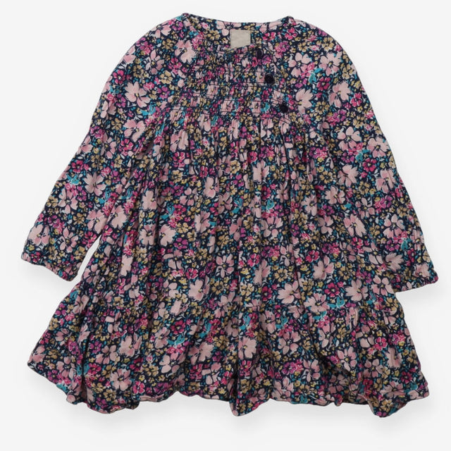 Dress floral LS smocked navy blue