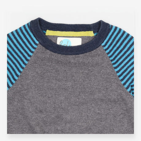 Grey Sweater with Blue Striped Sleeves