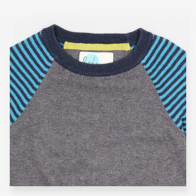 Grey Sweater with Blue Striped Sleeves