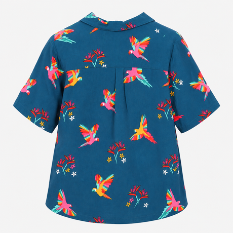 Shirt Blue Parrot Print Short Sleeve