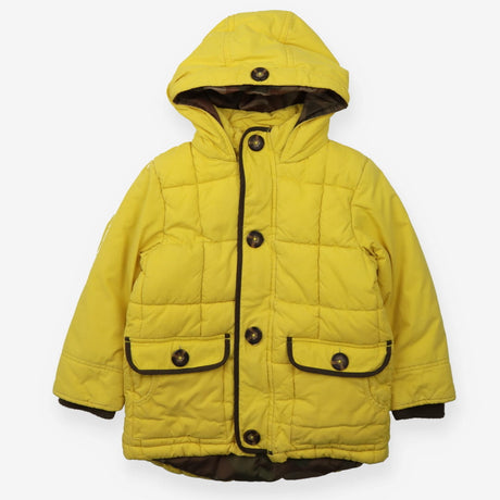 Coat yellow puffer camo print hood lining