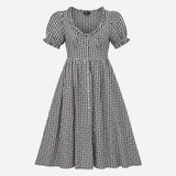 Dress Black White Gingham Cotton Puff Sleeve Midi 
