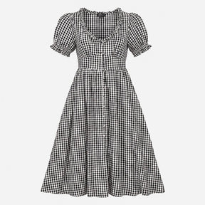 Dress Black White Gingham Cotton Puff Sleeve Midi 