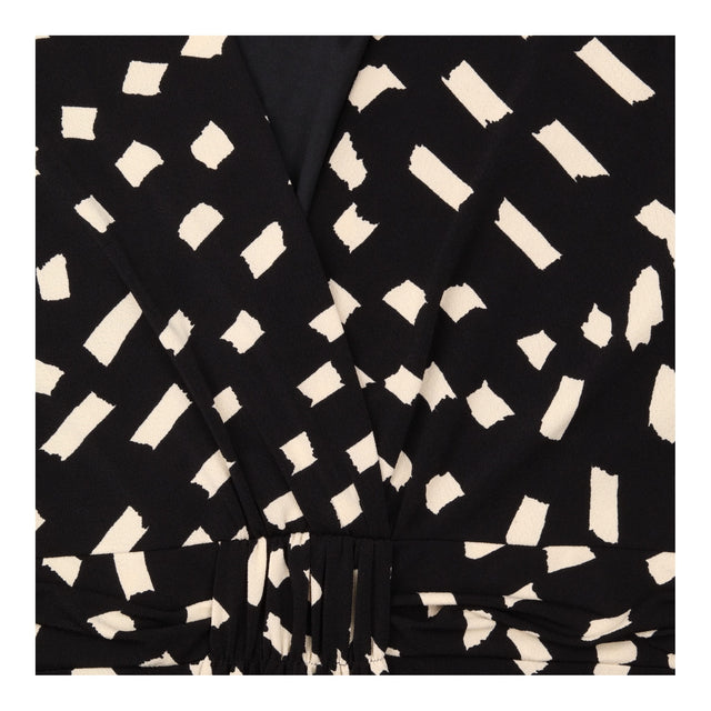 Midi Dress Black Cream Abstract Print Wrap Effect