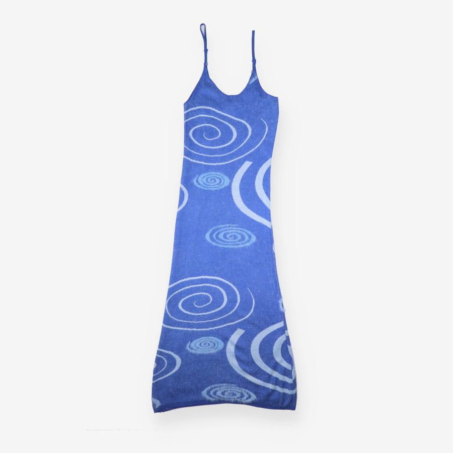 Knit Slip Dress Blue Swirl Cutout Maxi