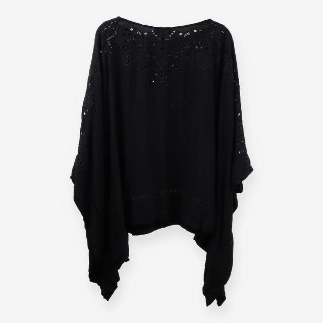 Theory Black Broderie Poncho Top Boho Chic Size 10