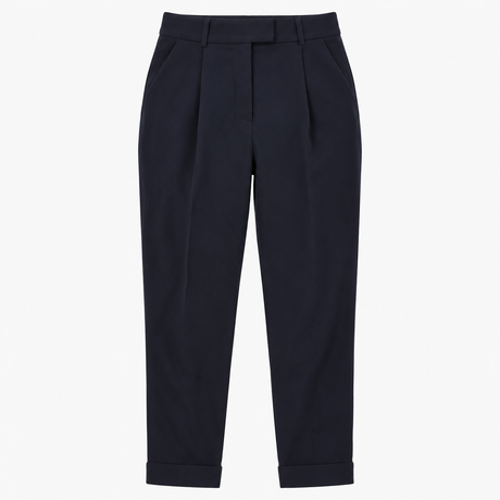 Tapered Trousers Navy Pleated Tailored Turn-Up Hem