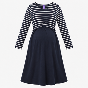 Navy Striped Empire Waist 3/4 Sleeve Maternity Dre