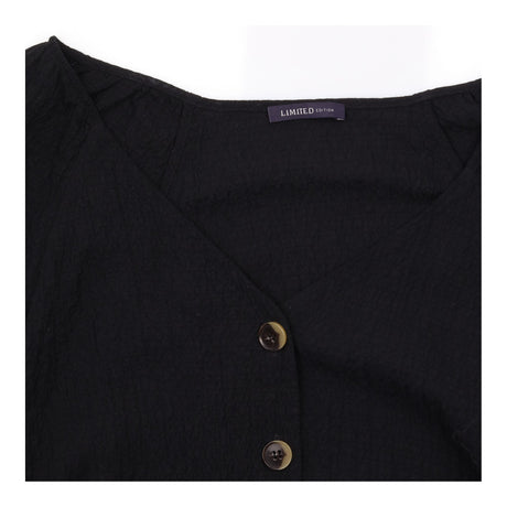 Black Crinkle Textured Modal Stretch V Neck Button