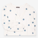 White Crinkle Blouse with Navy Floral Embroidery