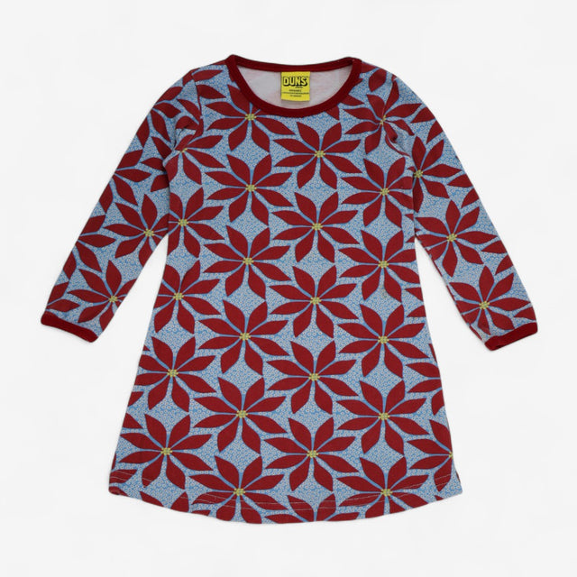 Dress Long Sleeve Blue with Large Red Flower Print