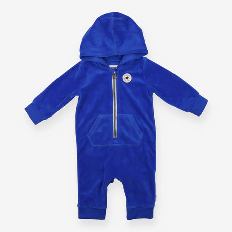 Romper with hood blue velour zipped