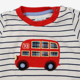 Sleepsuit navy stripe red bus red edging