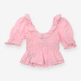 Top Pink Gingham Cropped Smocked Peplum Puff Sleev