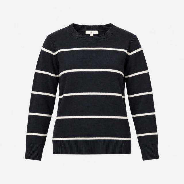 Jumper Navy Blue White Horizontal Stripe Crew Neck