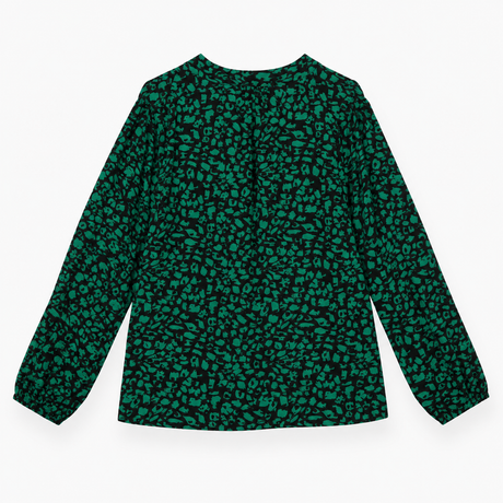 Blouse Green & Black Abstract Print Pintuck Long S