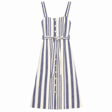 Midi Dress Navy Cream Stripe Linen Blend Button Fr