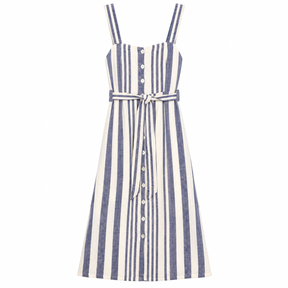 Midi Dress Navy Cream Stripe Linen Blend Button Fr