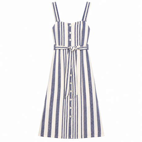 Midi Dress Navy Cream Stripe Linen Blend Button Fr