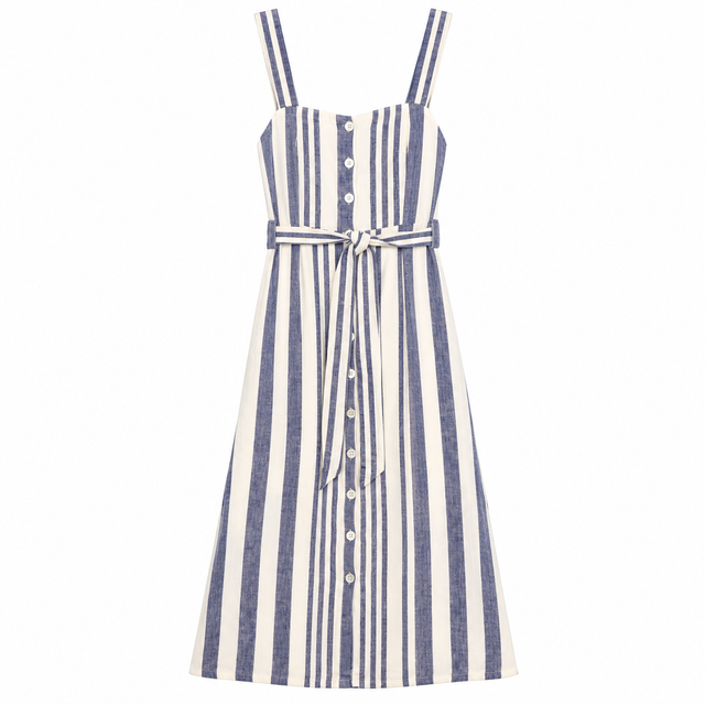 Midi Dress Navy Cream Stripe Linen Blend Button Fr