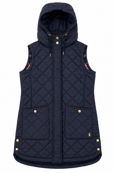 Gilet Navy Hooded Longline Diamond Quilted