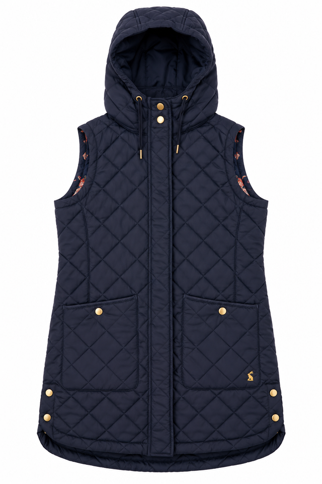 Gilet Navy Hooded Longline Diamond Quilted