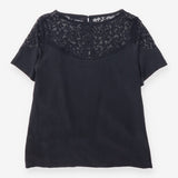 Silk Blouse Black Star Lace Yoke Short Sleeve