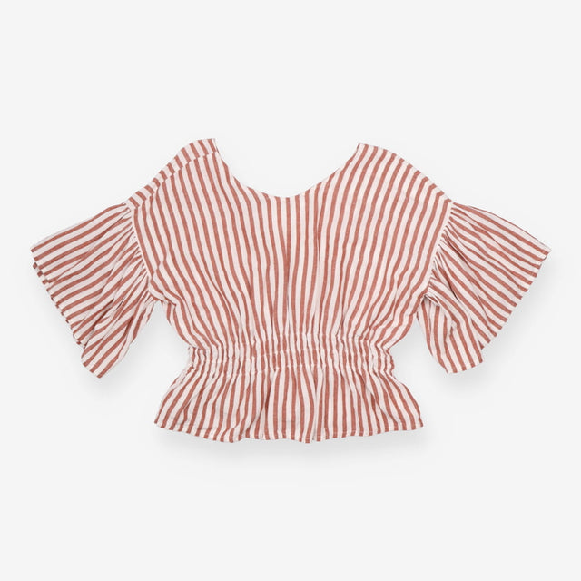 Blouse Red Cream Linen Cotton Short Sleeve