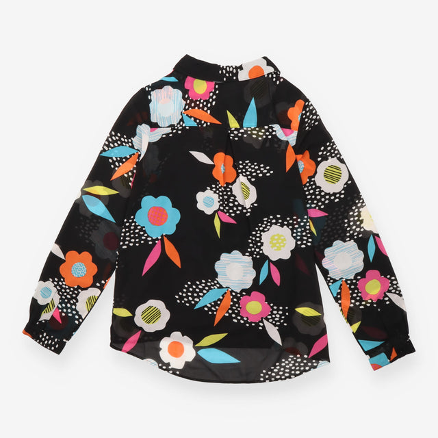 Shirt Blouse Black Floral Print Button Down Long S