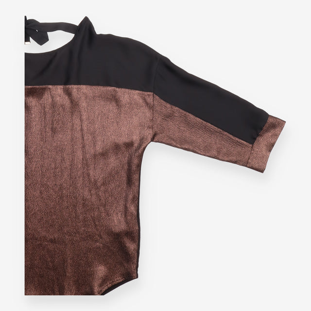 Oasis Black Bronze Metallic Panel Back Tie Blouse