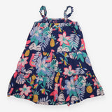 Tiered Dress Navy Neon Coloured Flowers and Birds