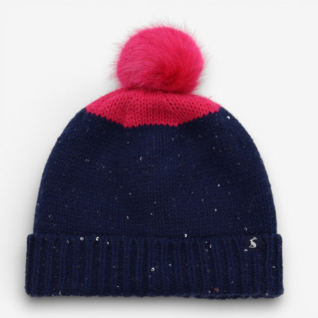 Bobble Hat Navy and Pink with Sequin