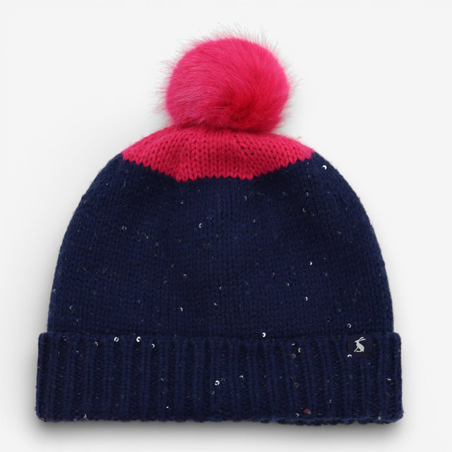 Bobble Hat Navy and Pink with Sequin