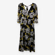 Midi Chiffon Dress – Black & Yellow Floral, V‑Neck