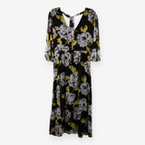 Midi Chiffon Dress – Black & Yellow Floral, V‑Neck