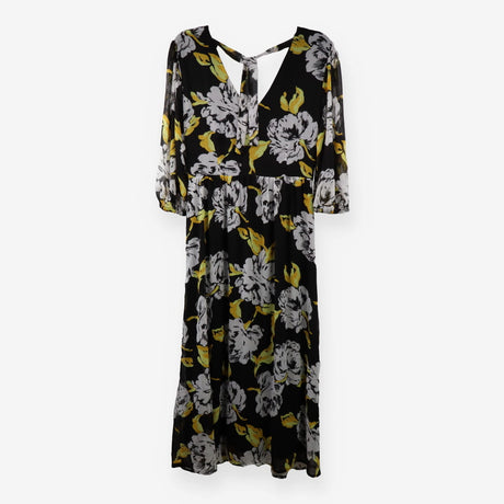 Midi Chiffon Dress – Black & Yellow Floral, V‑Neck