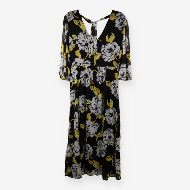 Midi Chiffon Dress – Black & Yellow Floral, V‑Neck
