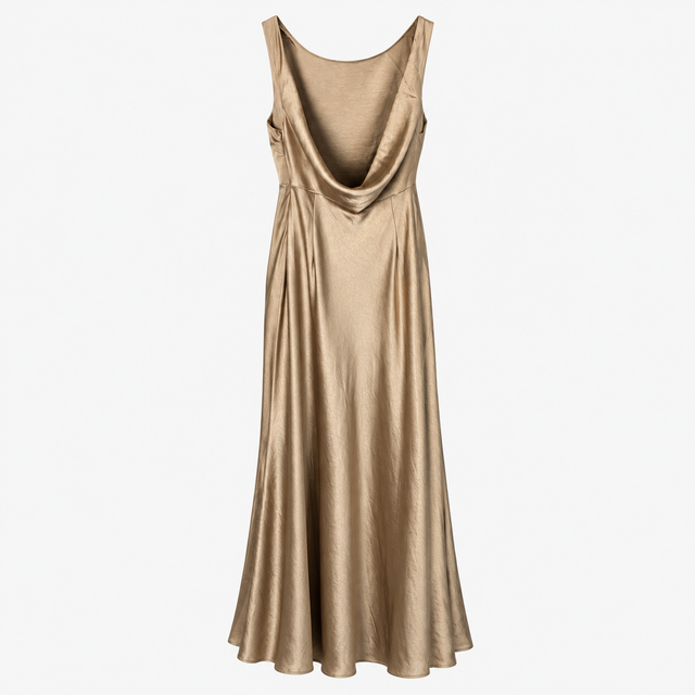 Champagne Satin Cowl Back Maxi Bridesmaid Dress
