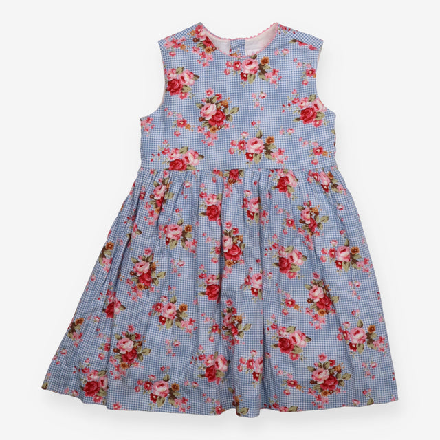 Sleeveless Dress Blue Check and Floral Print