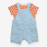 Outfit blue dungarees orange stripe SS tee seagull
