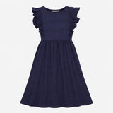 Dress Navy Blue Embroidered Ruffle Sleeve Midi Sco