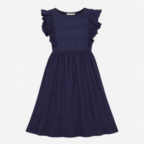 Dress Navy Blue Embroidered Ruffle Sleeve Midi Sco