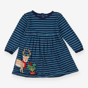 Dress Long Sleeved Blue Striped Reindeer and Robin