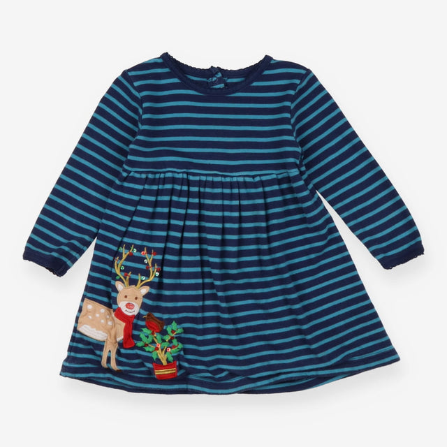 Dress Long Sleeved Blue Striped Reindeer and Robin
