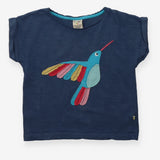 Blue t-shirt with hummingbird applique