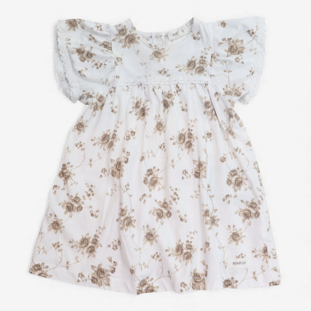 Dress White with brown Flowers & Lace Detail 