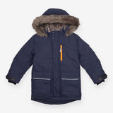 Parka navy blue fur hood grey fur lining